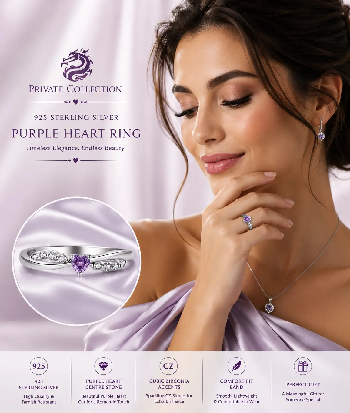 Dainty 925 Sterling Silver Cubic Zircon Purple Heart Shaped Ring - Image 2