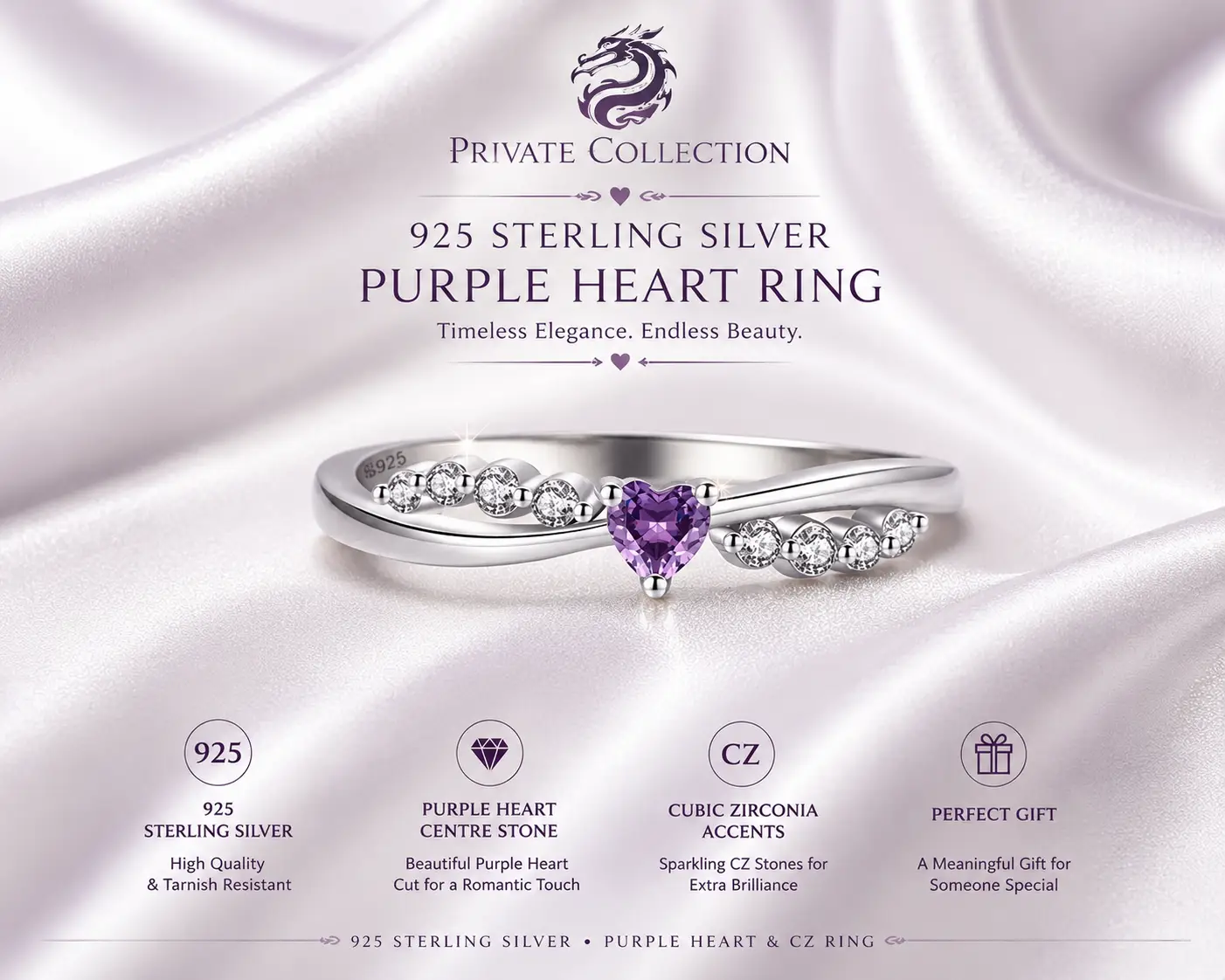 Dainty 925 Sterling Silver Cubic Zircon Purple Heart Shaped Ring - Image 7