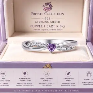 Dainty 925 Sterling Silver Cubic Zircon Purple Heart Shaped Ring