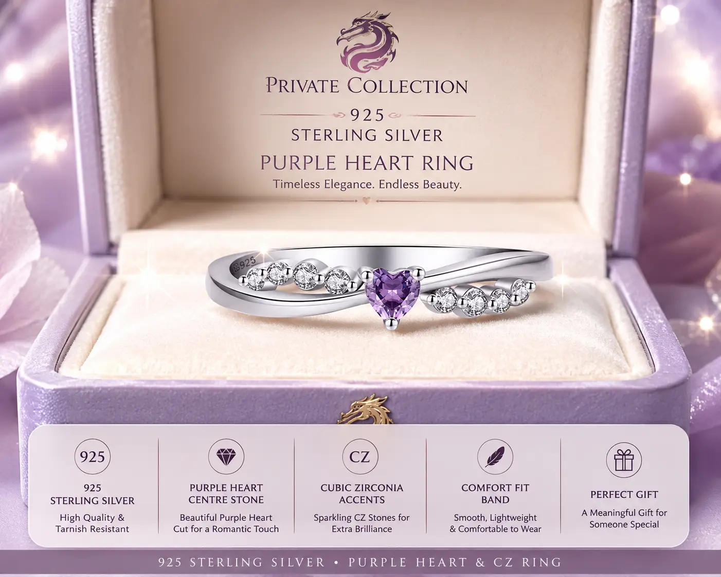 Dainty 925 Sterling Silver Cubic Zircon Purple Heart Shaped Ring