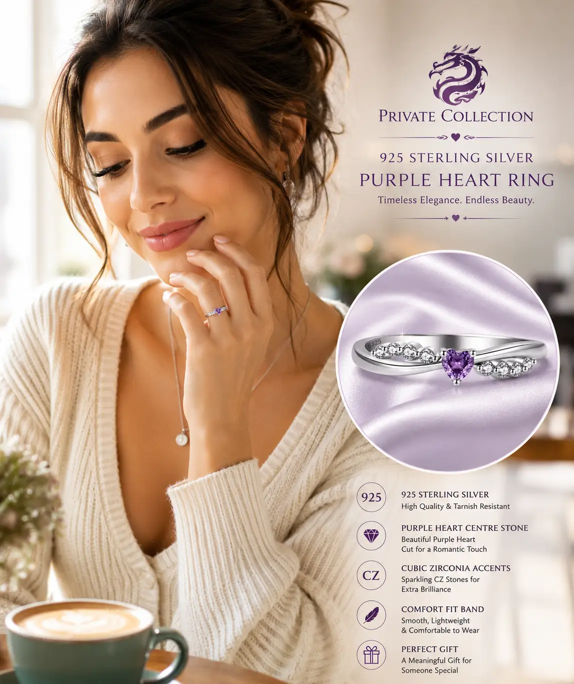 Dainty 925 Sterling Silver Cubic Zircon Purple Heart Shaped Ring - Image 4