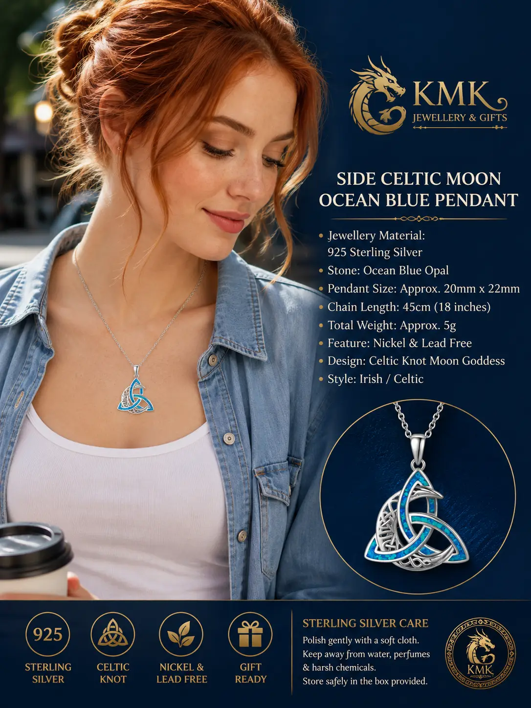 925 Sterling Silver Celtic Knot Moon Goddess Cross Irish Ocean Blue and Black Opal Pendant Necklace - Image 3