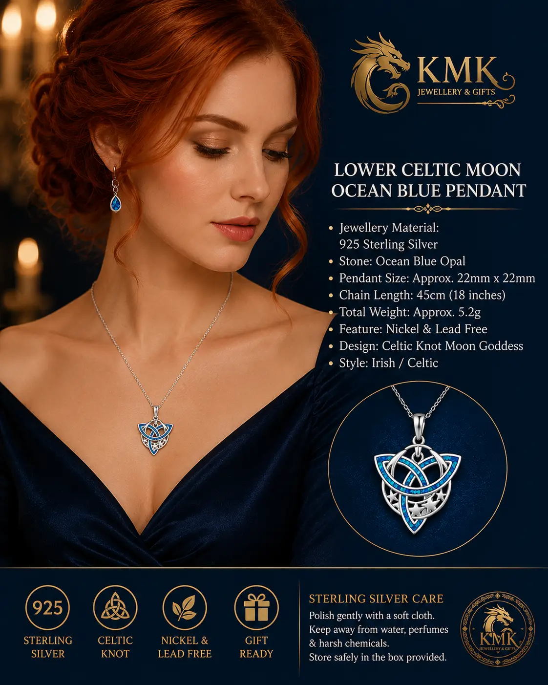 925 Sterling Silver Celtic Knot Moon Goddess Cross Irish Ocean Blue and Black Opal Pendant Necklace - Image 2