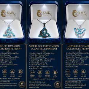 925 Sterling Silver Celtic Knot Moon Goddess Cross Irish Ocean Blue and Black Opal Pendant Necklace