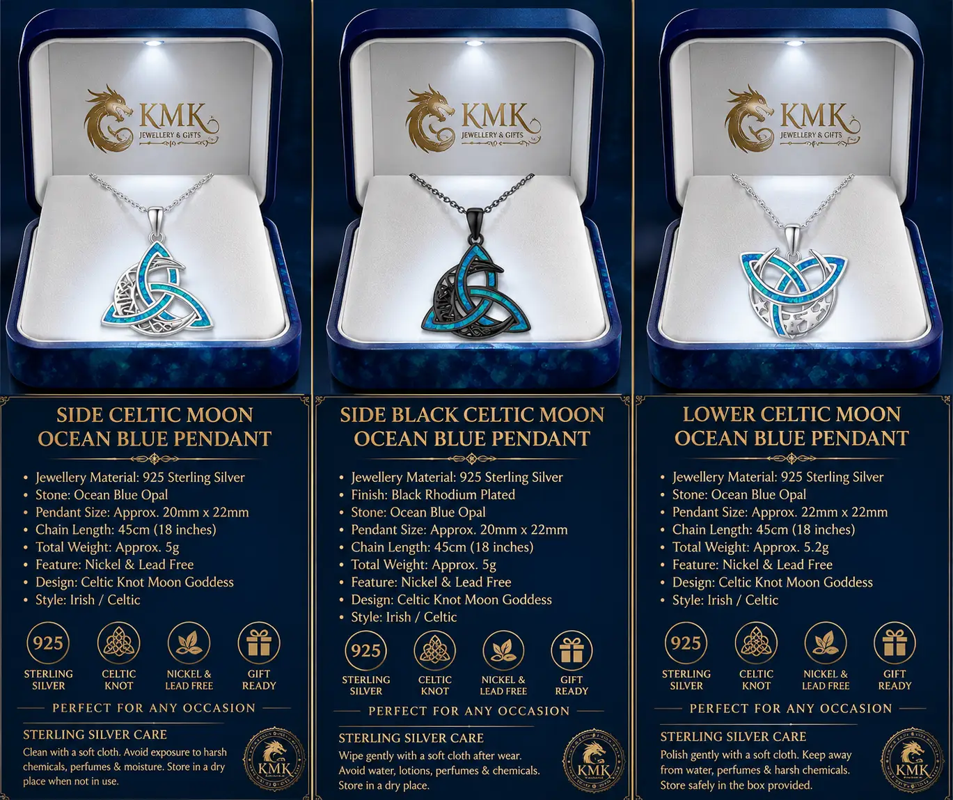 925 Sterling Silver Celtic Knot Moon Goddess Cross Irish Ocean Blue and Black Opal Pendant Necklace