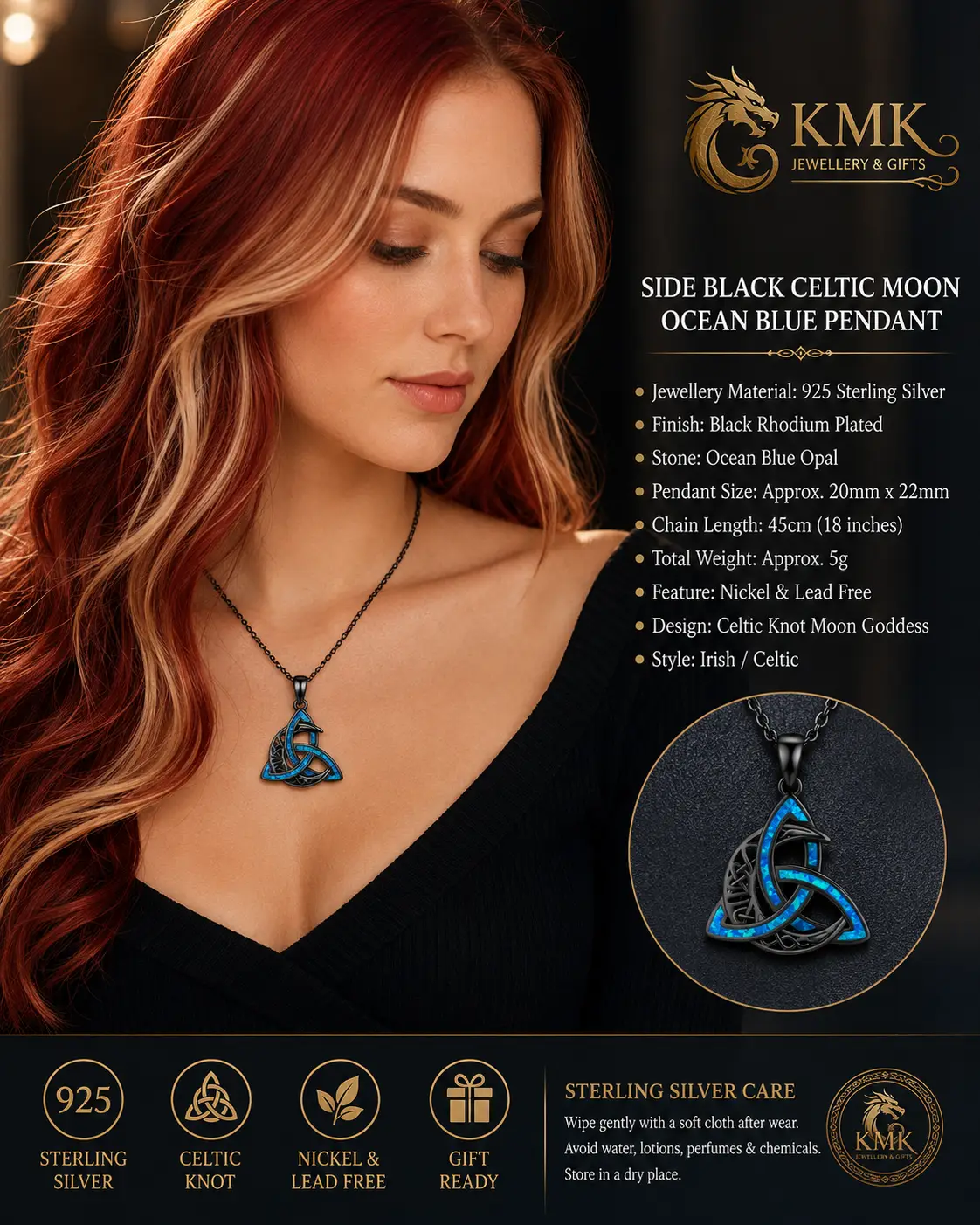 925 Sterling Silver Celtic Knot Moon Goddess Cross Irish Ocean Blue and Black Opal Pendant Necklace - Image 4