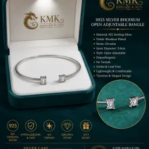Bracelet No Tarnish Free Hypoallergenic Zirconia Open Adjustable Bangle