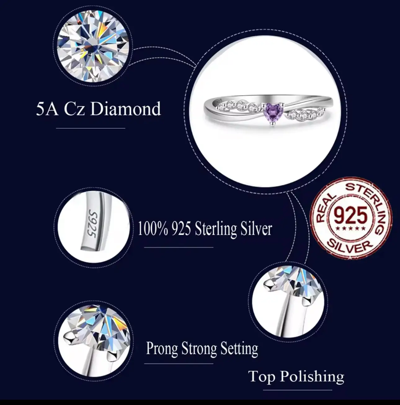 Dainty 925 Sterling Silver Cubic Zircon Purple Heart Shaped Ring - Image 3