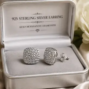 925 Sterling Silver Cushion Shape VVS Moissanite Diamond Stud Earrings