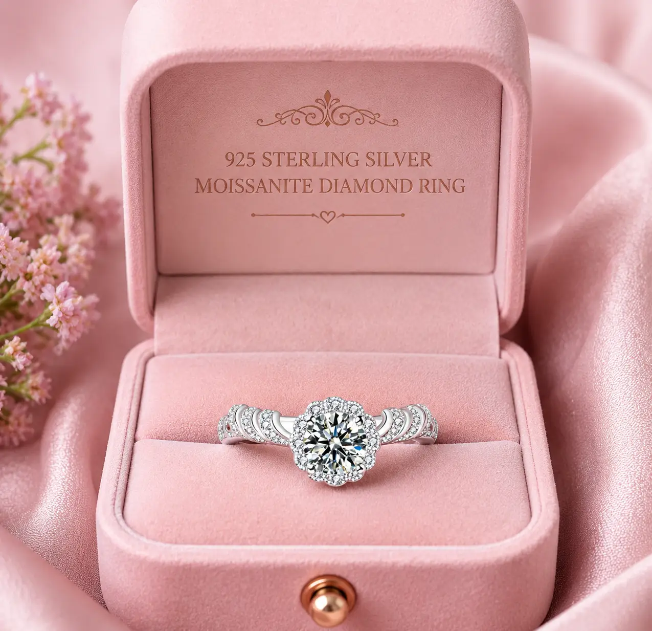 Sterling Silver High Quality 1ct 6.5mm Moissanite Engagement Flower Shape Rings