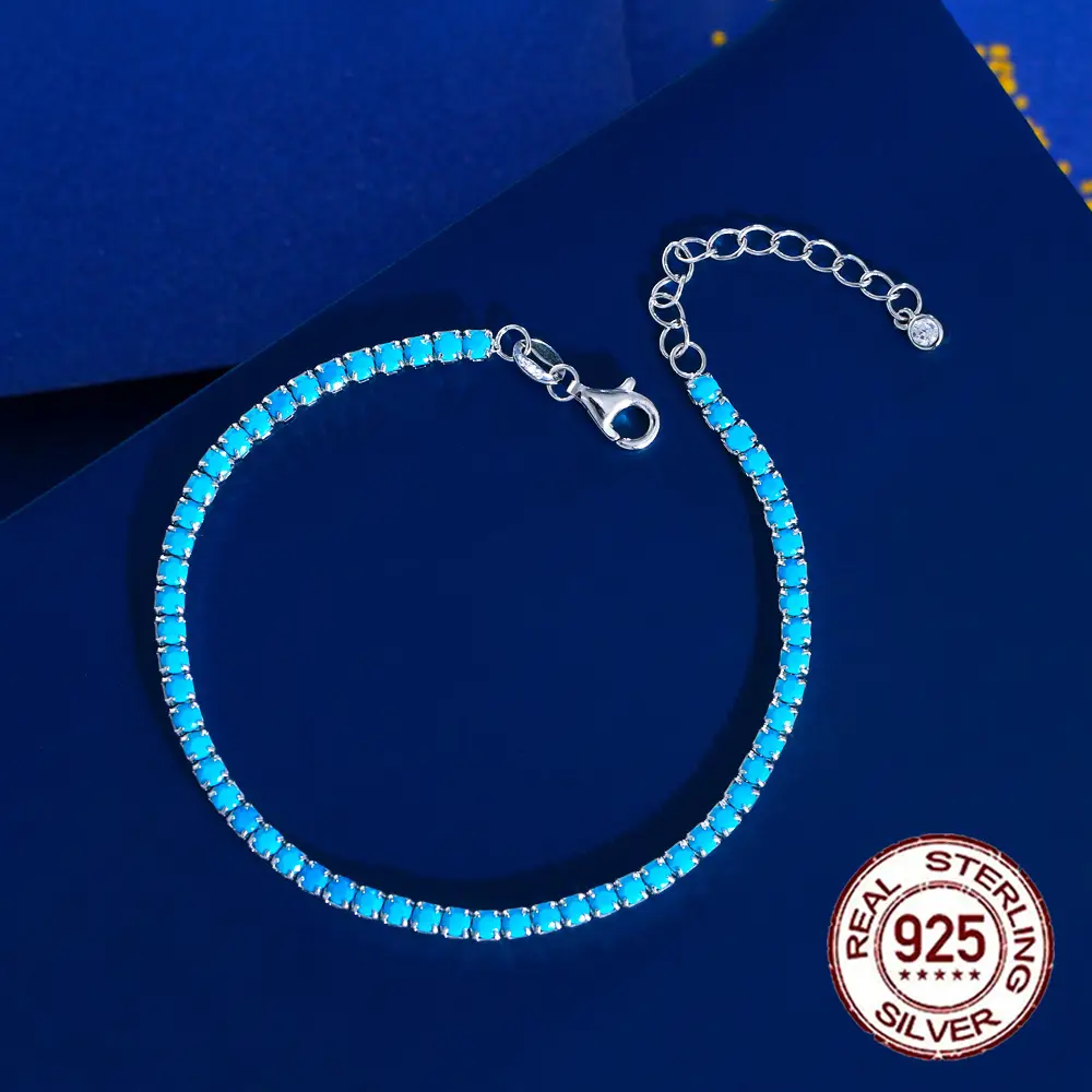Oval Shape Blue Turquoise Ring 925 Sterling Silver and 925 Sterling Silver Lobster Clasp Blue Turquoise Stone Adjustable 2.5mm Tennis Bracelet - Image 20