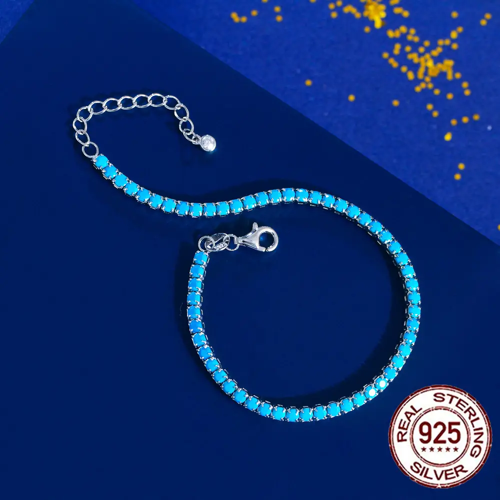Oval Shape Blue Turquoise Ring 925 Sterling Silver and 925 Sterling Silver Lobster Clasp Blue Turquoise Stone Adjustable 2.5mm Tennis Bracelet - Image 21