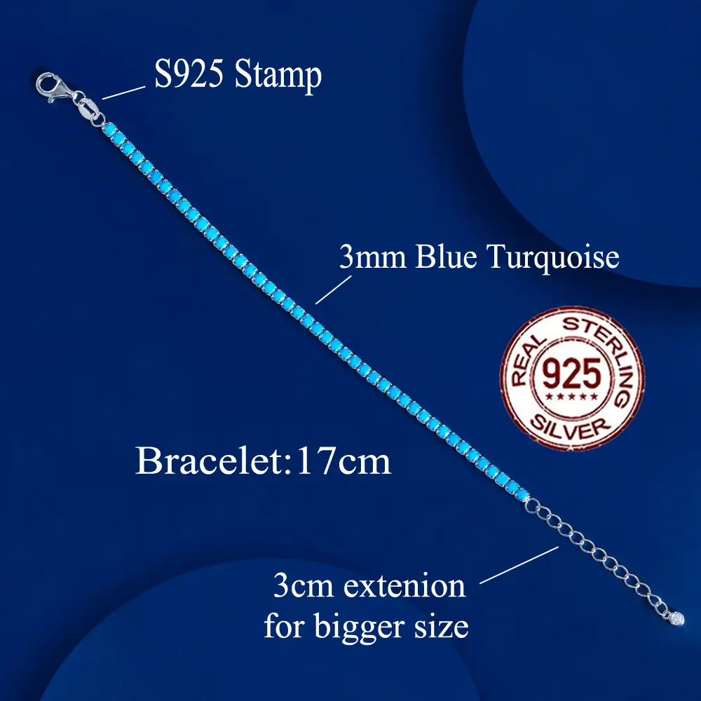 Oval Shape Blue Turquoise Ring 925 Sterling Silver and 925 Sterling Silver Lobster Clasp Blue Turquoise Stone Adjustable 2.5mm Tennis Bracelet - Image 12