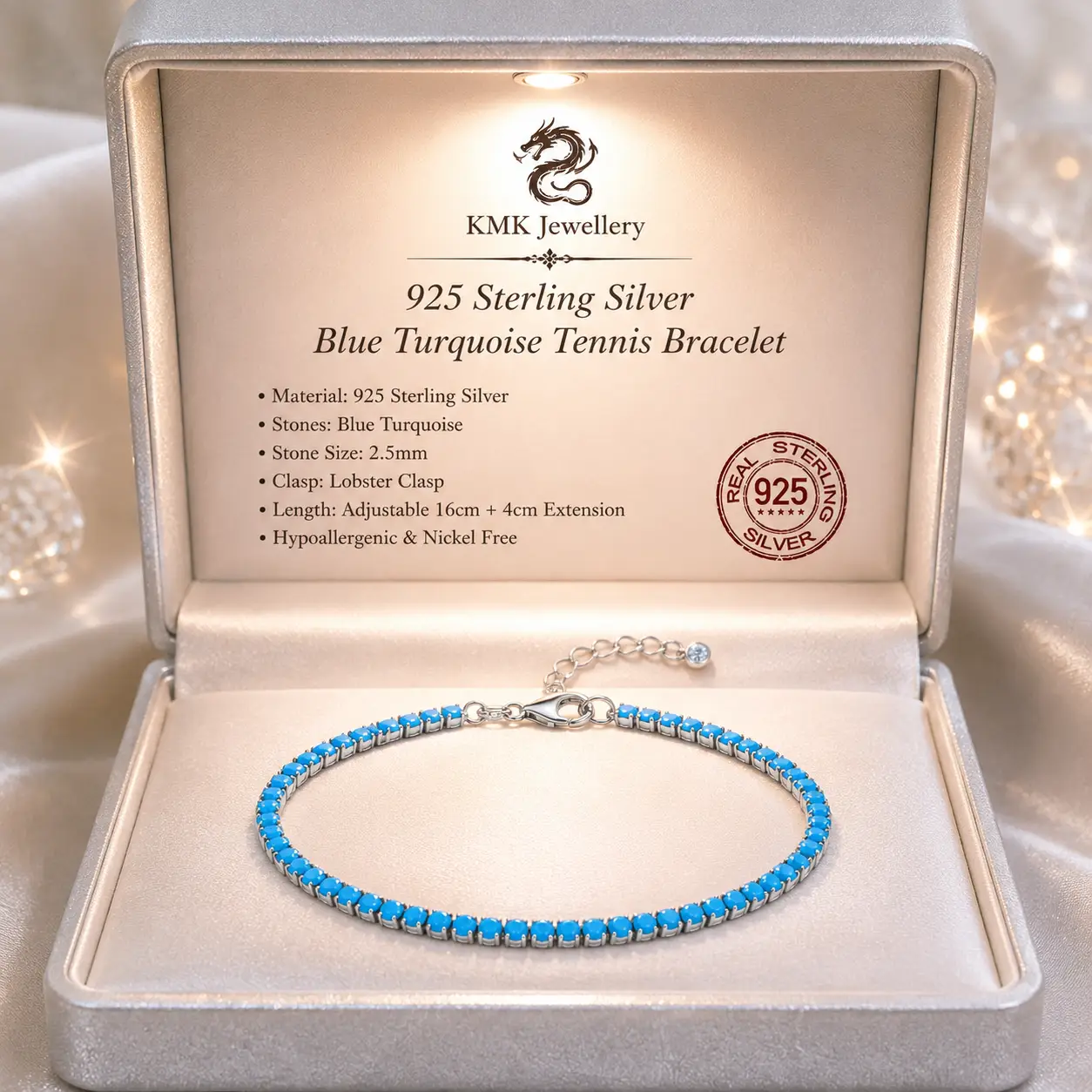Oval Shape Blue Turquoise Ring 925 Sterling Silver and 925 Sterling Silver Lobster Clasp Blue Turquoise Stone Adjustable 2.5mm Tennis Bracelet - Image 9