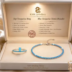 Oval Shape Blue Turquoise Ring 925 Sterling Silver and 925 Sterling Silver Lobster Clasp Blue Turquoise Stone Adjustable 2.5mm Tennis Bracelet