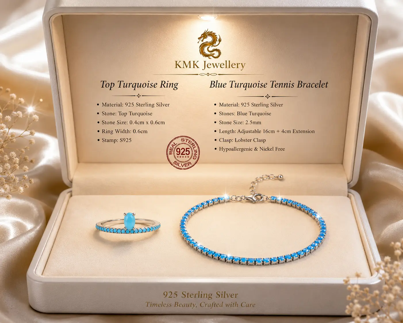 Oval Shape Blue Turquoise Ring 925 Sterling Silver and 925 Sterling Silver Lobster Clasp Blue Turquoise Stone Adjustable 2.5mm Tennis Bracelet