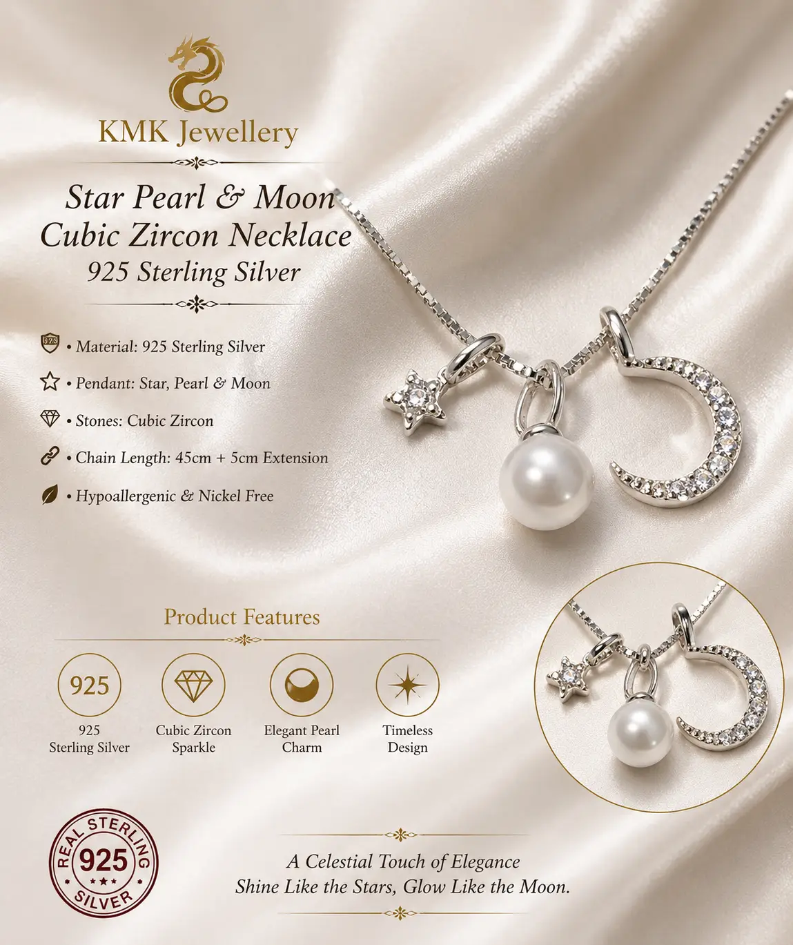 925 Sterling Silver Sun Moon Star Pendant Zircon Chain - Image 3