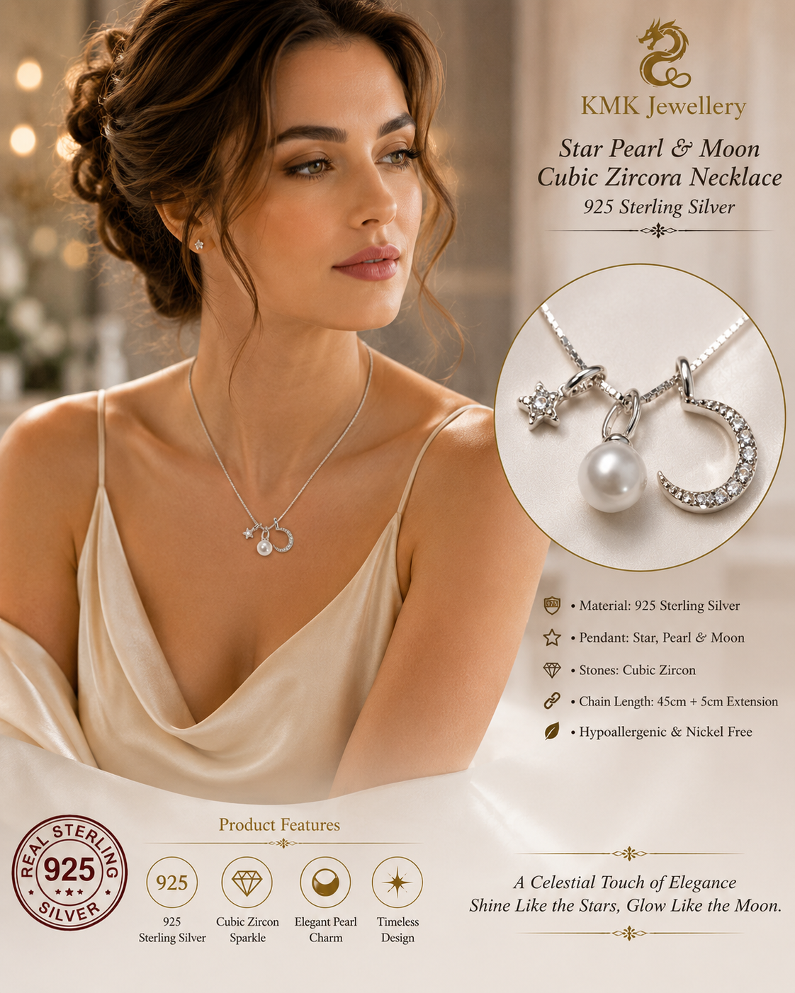 925 Sterling Silver Sun Moon Star Pendant Zircon Chain - Image 5