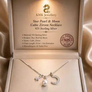925 Sterling Silver Sun Moon Star Pendant Zircon Chain