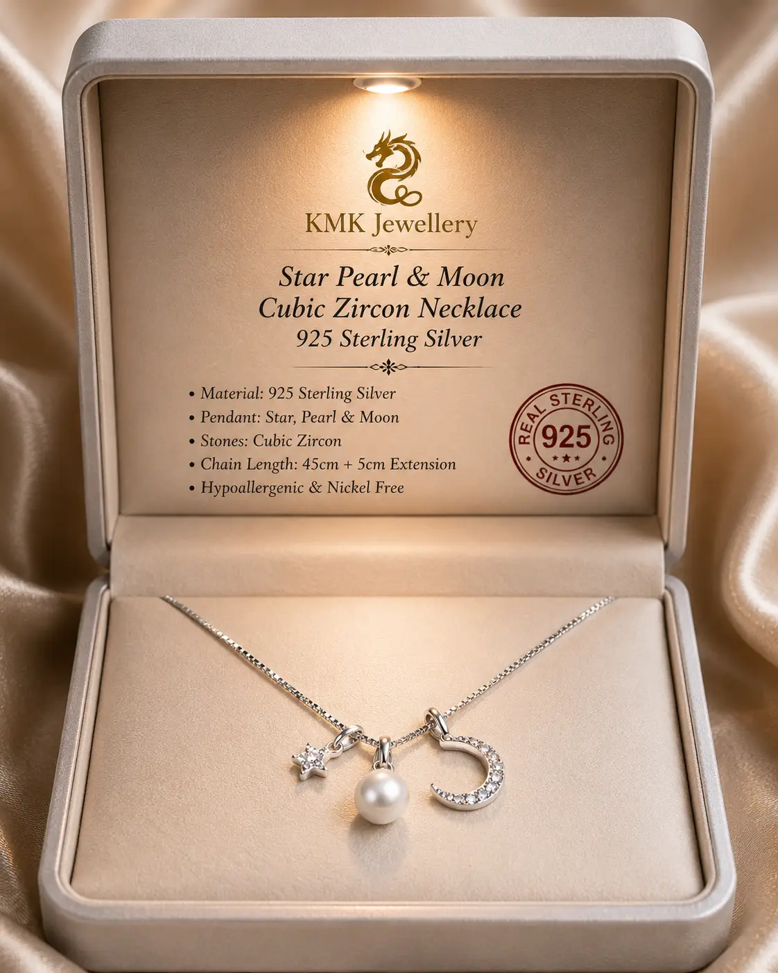 925 Sterling Silver Sun Moon Star Pendant Zircon Chain