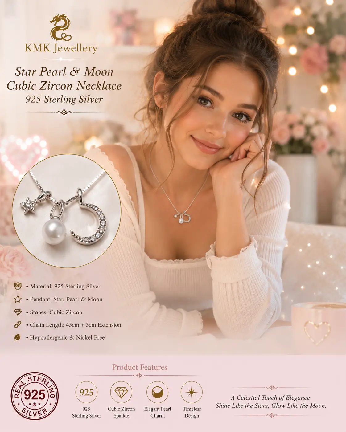 925 Sterling Silver Sun Moon Star Pendant Zircon Chain - Image 2