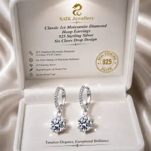 Classic 1ct Moissanite Diamond Hoop Earrings 925 Sterling Silver Six Claws Drop Design