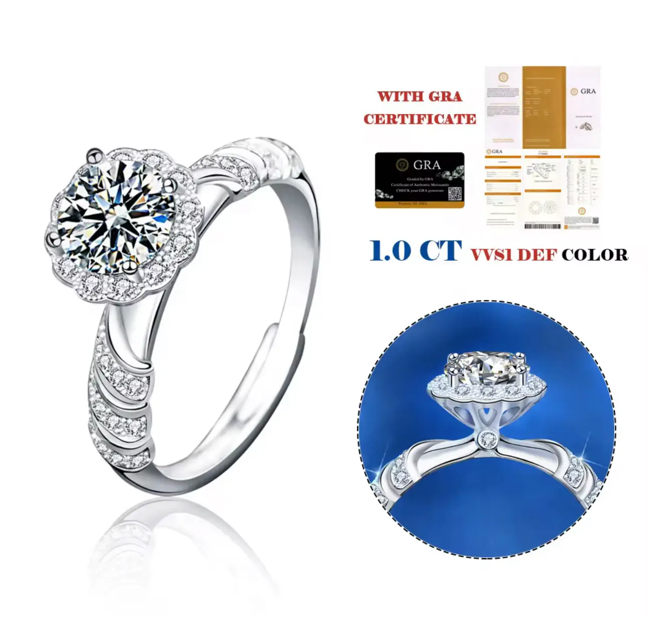 Sterling Silver High Quality 1ct 6.5mm Moissanite Engagement Flower Shape Rings - Image 10