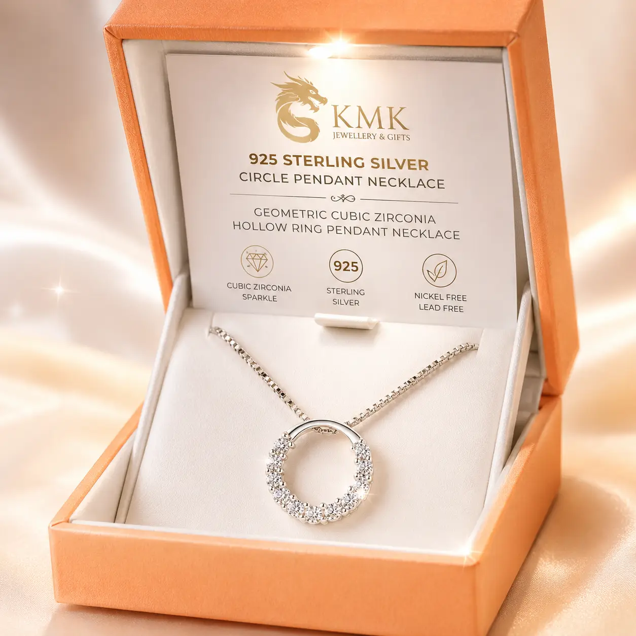 925 Sterling Silver Circle Pendant Necklace Geometric Cubic Zirconia Hollow Ring Pendant Necklace