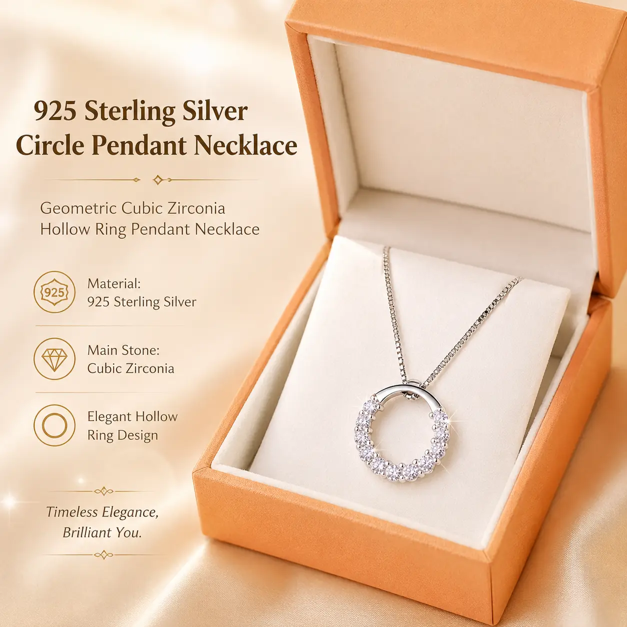 925 Sterling Silver Circle Pendant Necklace Geometric Cubic Zirconia Hollow Ring Pendant Necklace - Image 3
