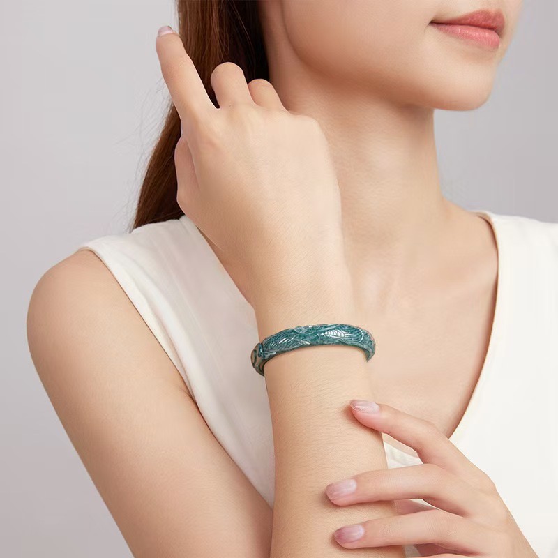 Natural Jadeite Bluewater Three-dimensional Carved Phoenix Bracelet - Image 4