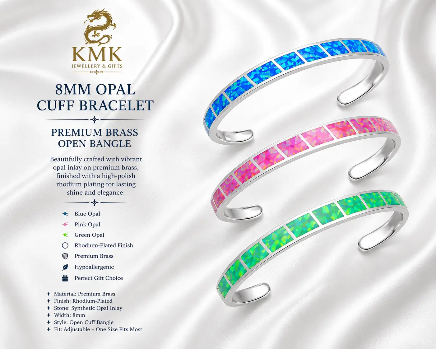 8mm Bangle Opal Cuff Bracelet Brass Trendy Smooth Bracelets Gemstone Inlaid Blue, Green and Pink - Image 3