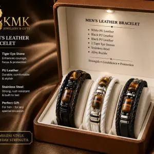 Retro Jewellery Natural Tiger Eye Stone Men's Stainless Steel Bracelet Charm Classic Multi-layer Braided Black Leather Bracelet