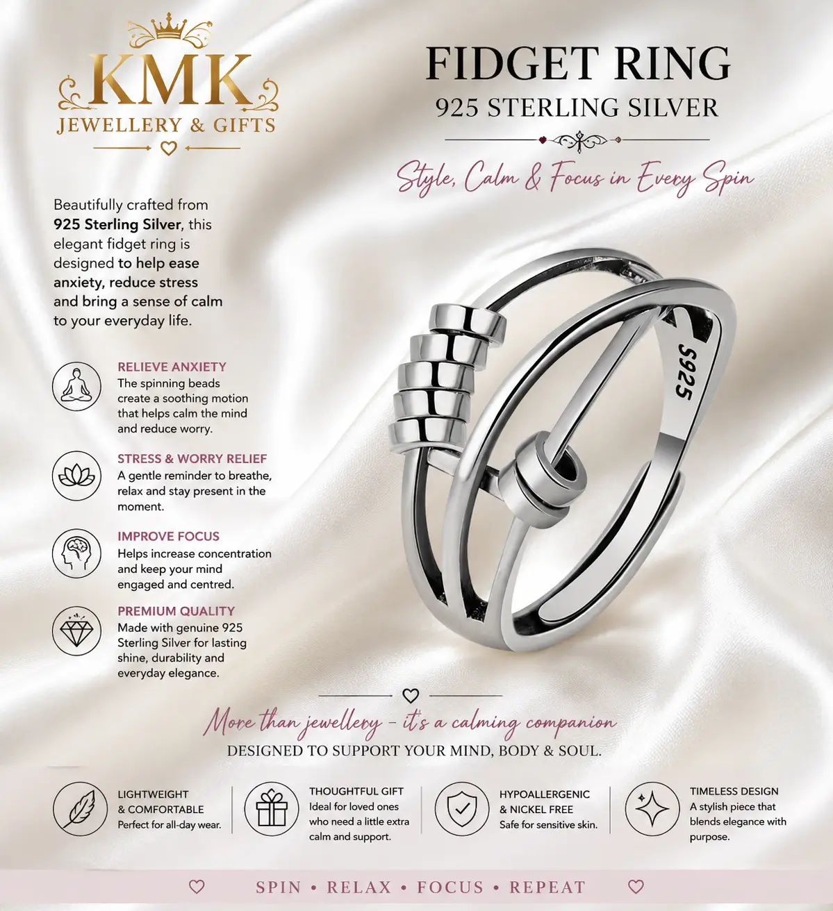 Light Luxury 925 Sterling Silver Fidget Anxiety Release Rotating Beads Finger Ring Women Rings Adjustable - Image 3