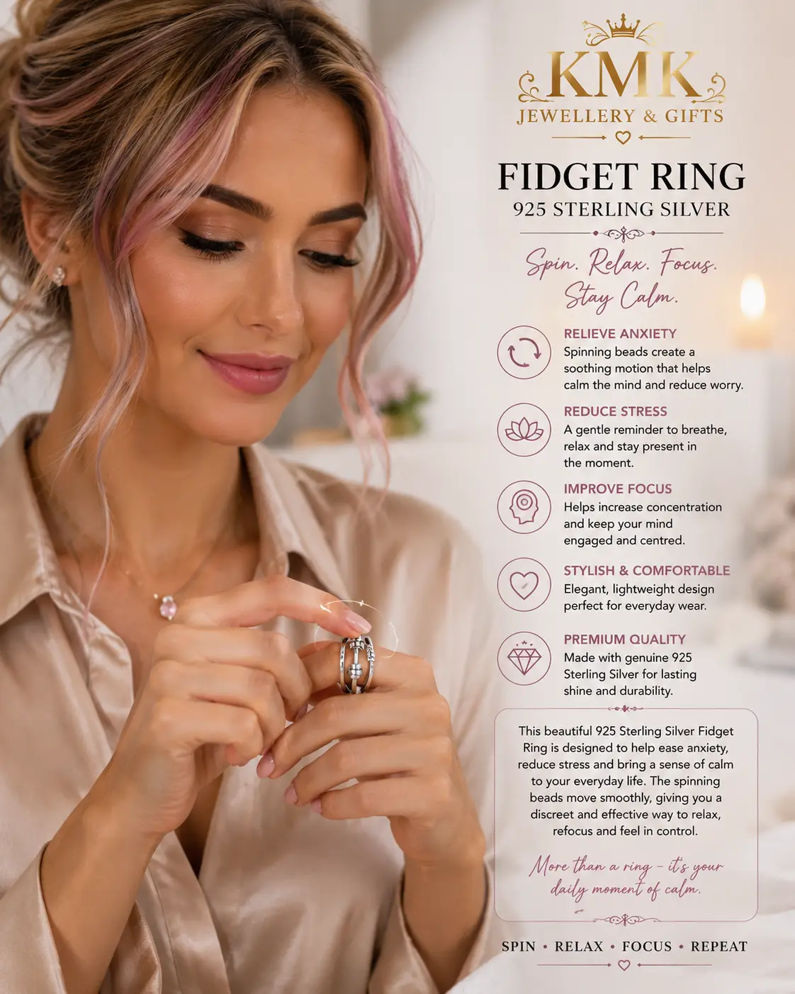 Light Luxury 925 Sterling Silver Fidget Anxiety Release Rotating Beads Finger Ring Women Rings Adjustable - Image 4