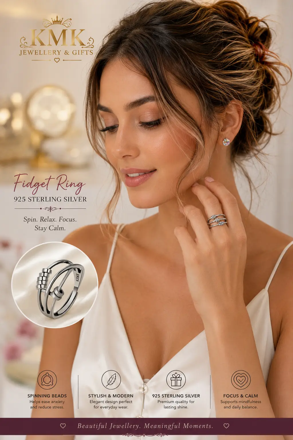 Light Luxury 925 Sterling Silver Fidget Anxiety Release Rotating Beads Finger Ring Women Rings Adjustable - Image 2