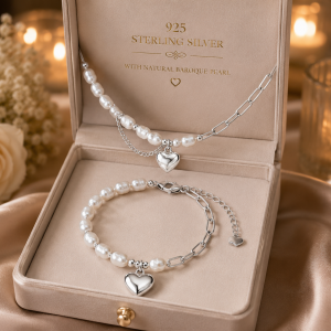 925 Sterling Silver Love Heart Baroque Pearl Bracelets Chain Choker Necklace for Women