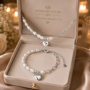 925 Sterling Silver Love Heart Baroque Pearl Bracelets Chain Choker Necklace for Women