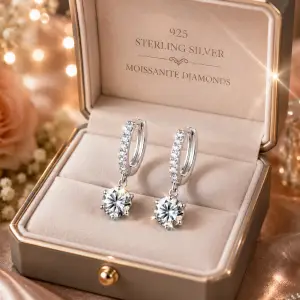 Classic 1ct Moissanite Diamond Hoop Earrings 925 Sterling Silver Six Claws Drop Design