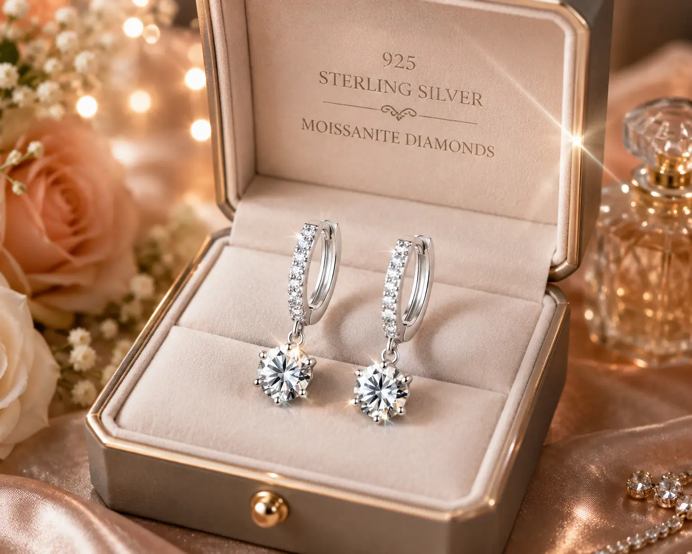Classic 1ct Moissanite Diamond Hoop Earrings 925 Sterling Silver Six Claws Drop Design