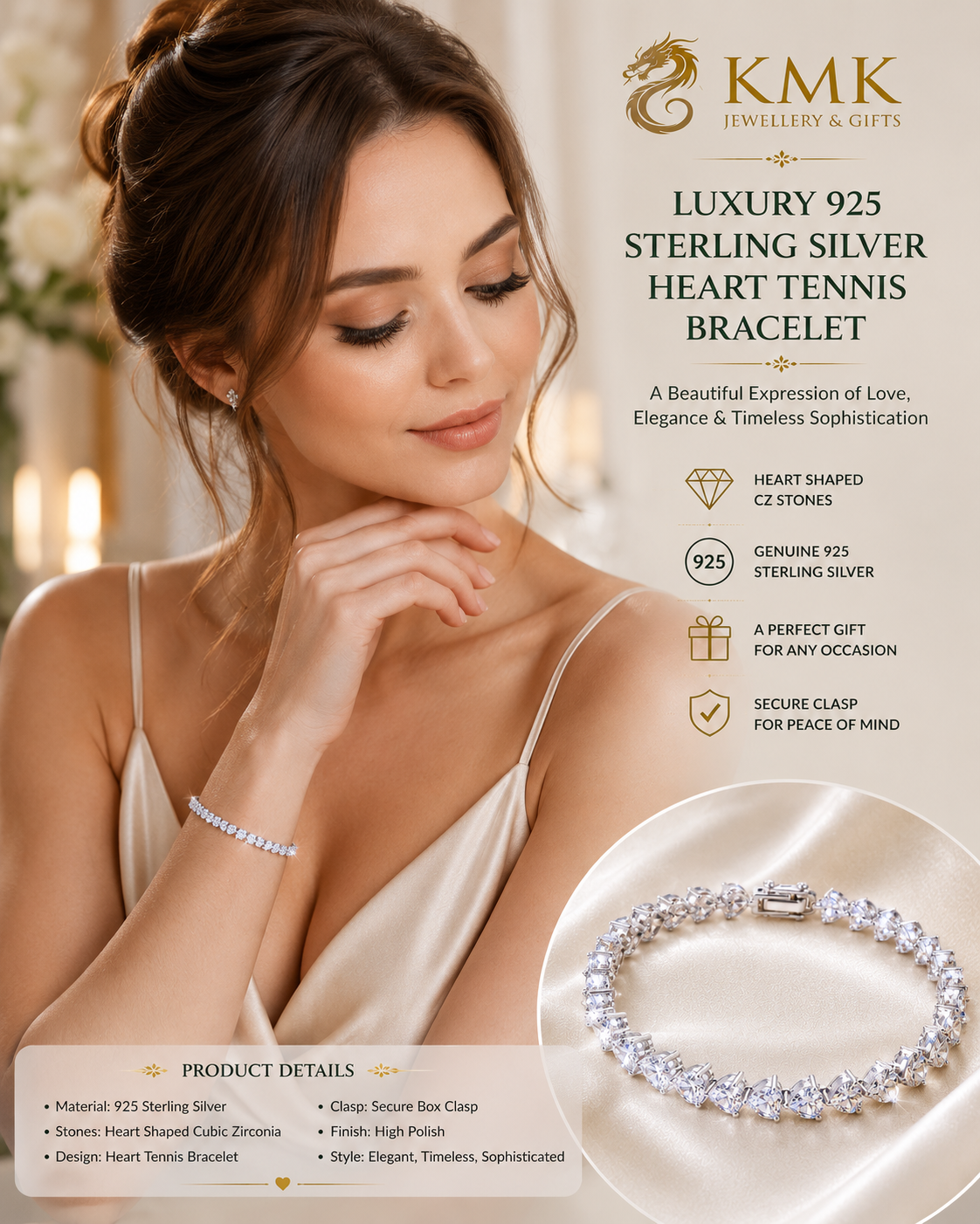 Luxury Bracelet 925 Sterling Silver Heart Tennis Bracelet CZ Heart Bracelet for Woman - Image 4