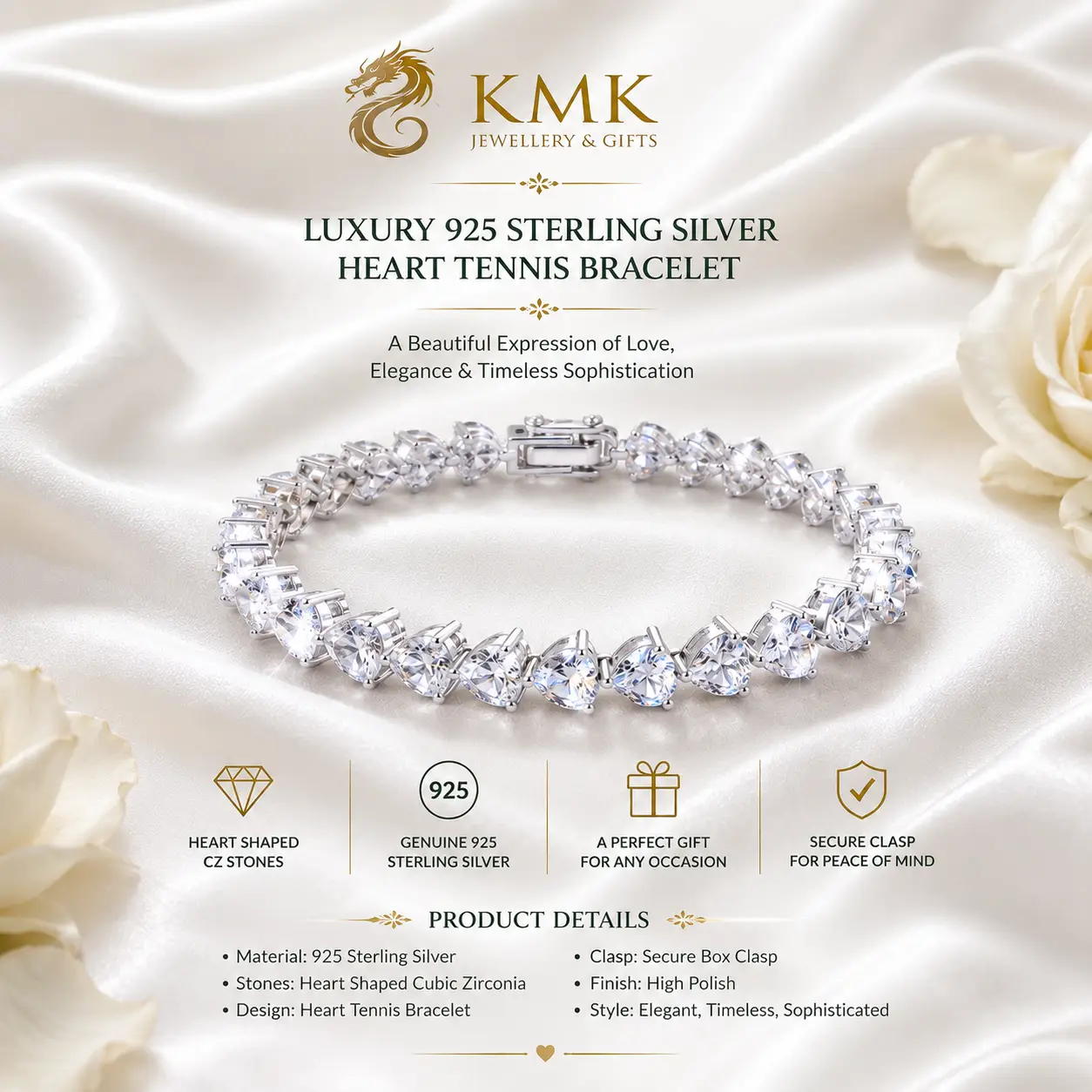 Luxury Bracelet 925 Sterling Silver Heart Tennis Bracelet CZ Heart Bracelet for Woman - Image 3