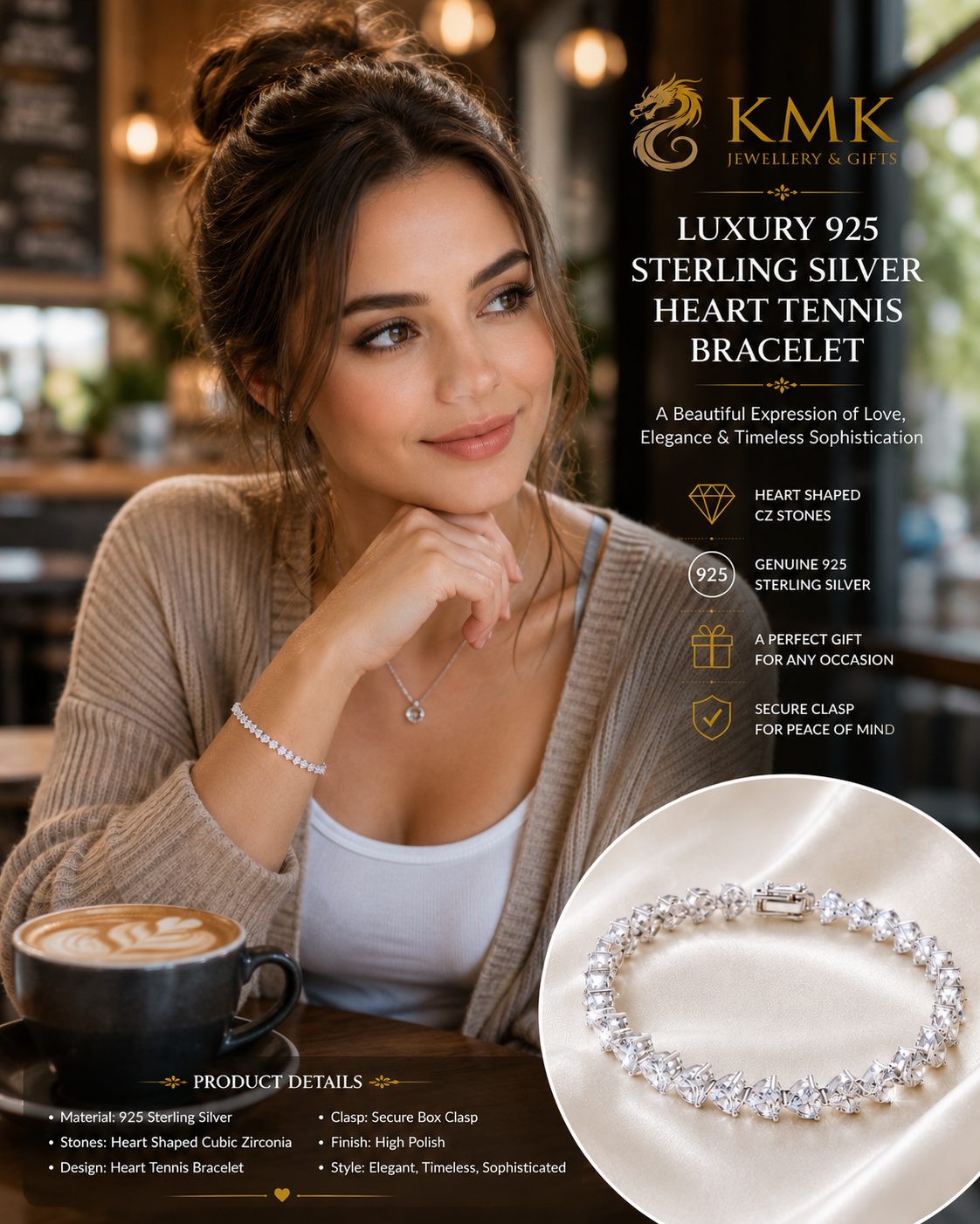Luxury Bracelet 925 Sterling Silver Heart Tennis Bracelet CZ Heart Bracelet for Woman - Image 2