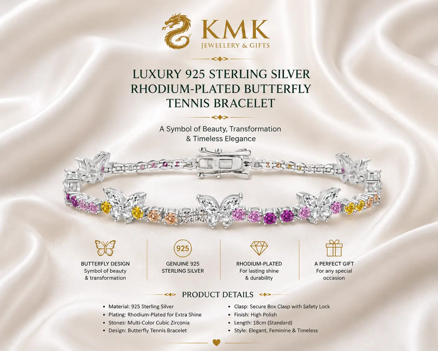 Custom 925 Sterling Silver Rhodium Color 5A Zirconia Butterfly Tennis Bracelets for Women - Image 3