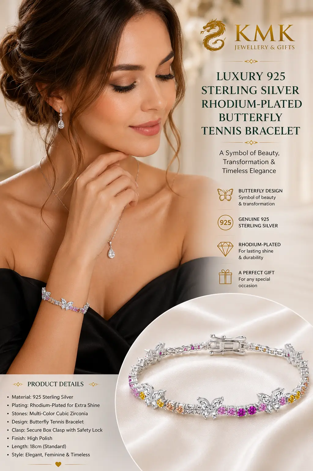 Custom 925 Sterling Silver Rhodium Color 5A Zirconia Butterfly Tennis Bracelets for Women - Image 4