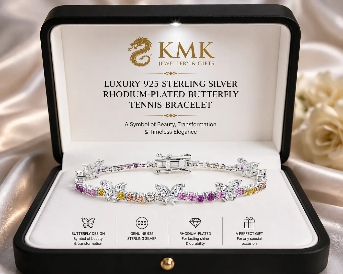 Custom 925 Sterling Silver Rhodium Color 5A Zirconia Butterfly Tennis Bracelets for Women