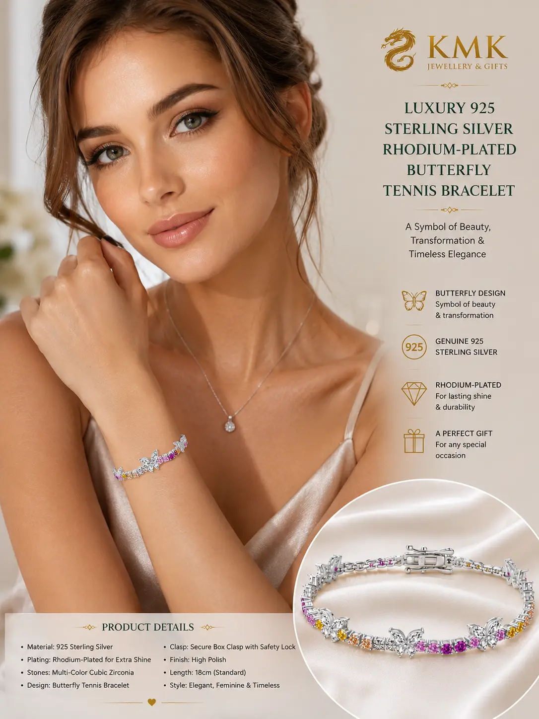 Custom 925 Sterling Silver Rhodium Color 5A Zirconia Butterfly Tennis Bracelets for Women - Image 2