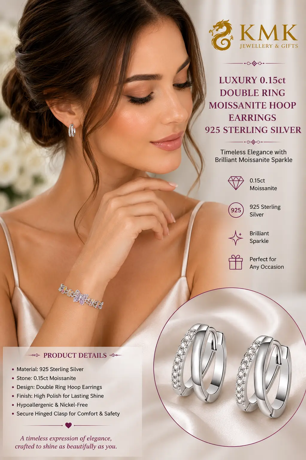 0.15ct Double Ring Moissanite Hypoallergenic Jewellery Earrings Moissanite Hoop Earrings - Image 2
