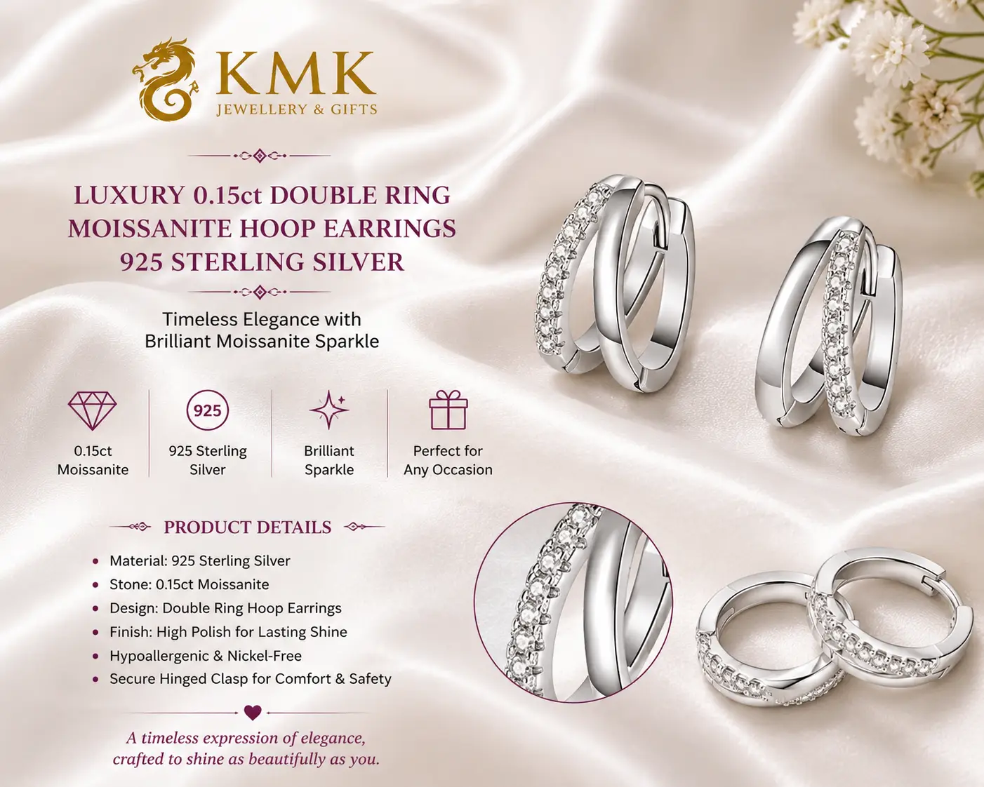0.15ct Double Ring Moissanite Hypoallergenic Jewellery Earrings Moissanite Hoop Earrings - Image 3