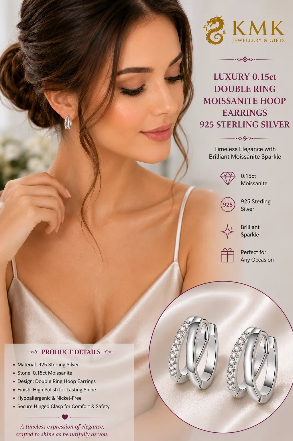 0.15ct Double Ring Moissanite Hypoallergenic Jewellery Earrings Moissanite Hoop Earrings - Image 4