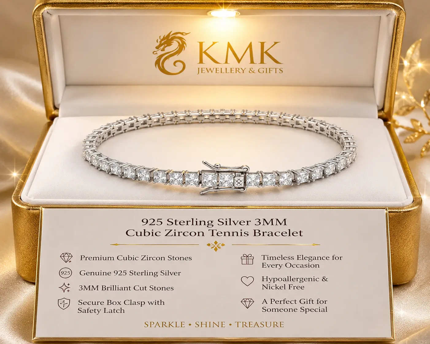 925 Sterling Silver 3MM Cubic Zircon Tennis Bracelet